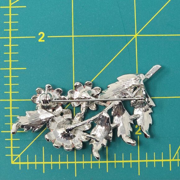 Vintage Floral Brooch Pink Burgundy Enamel AB Rhinestones Silver Tone Pin - Picture 9 of 10